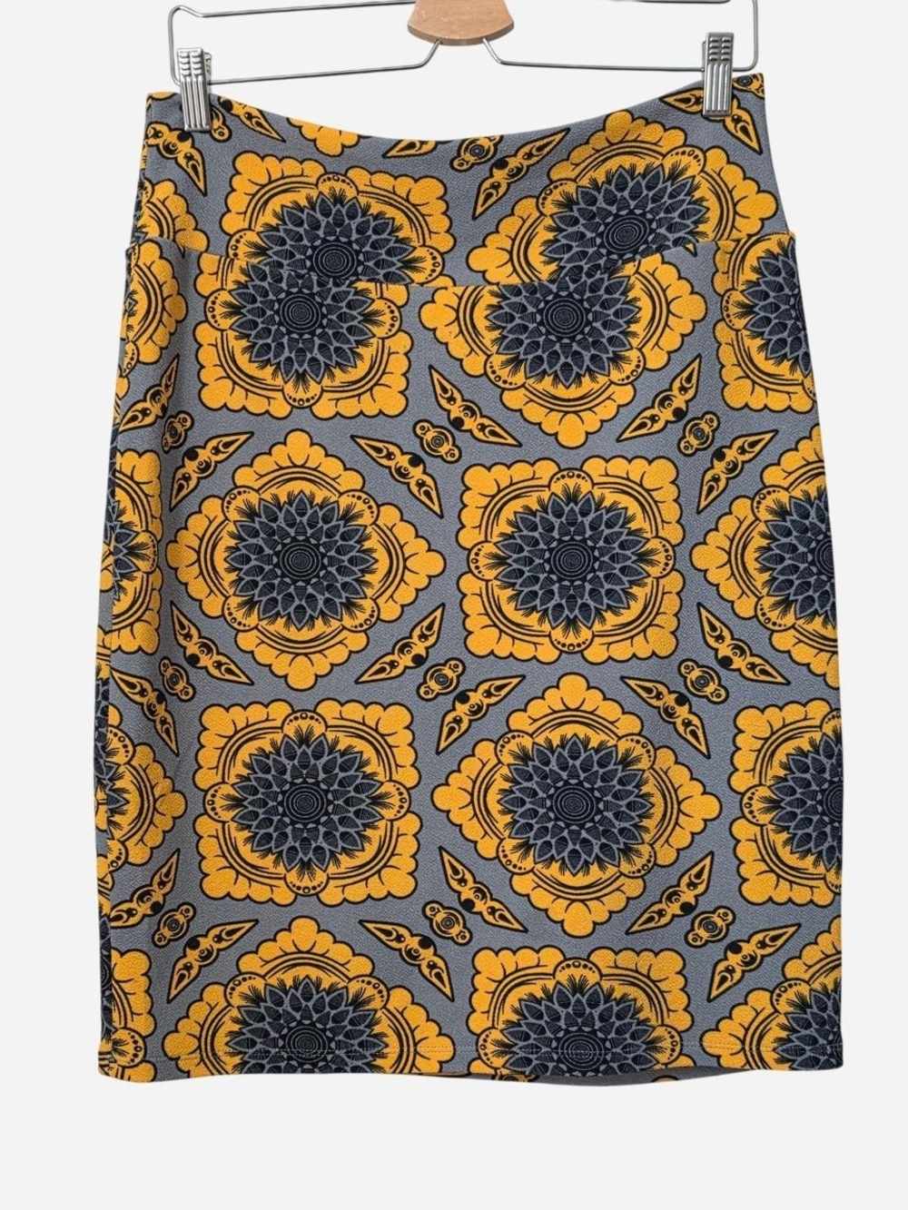 LuLaRoe Yellow and Gray Floral Medallion Pencil Skirt with Navy Accents